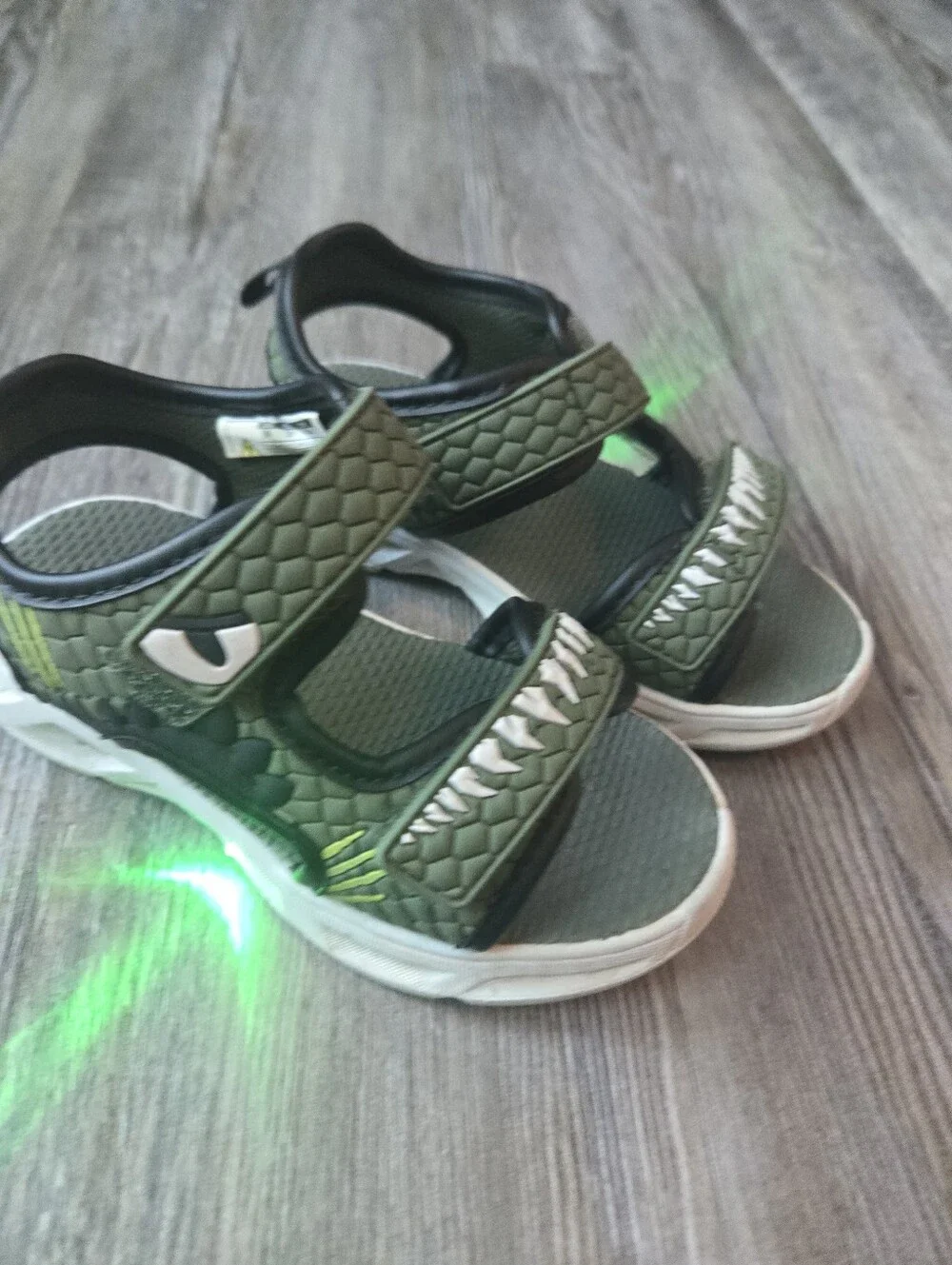 Boys Olive Green Open-Toe Sandals with Shark Tooth Accent